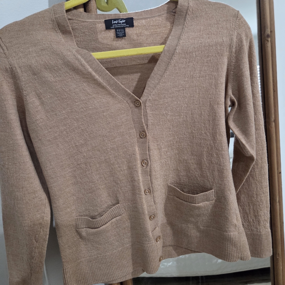 100% Merino Wool Lord And Taylor Tan Button-Up Women's Sweater